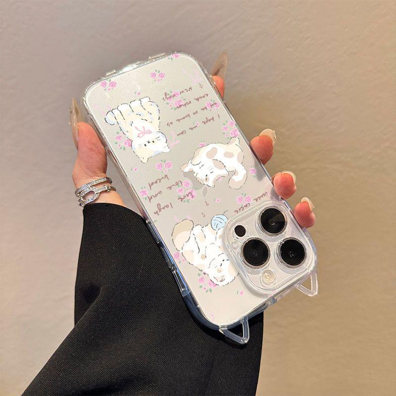 Transparent Rose Pompom Kitten Phone Case with Cat Ears for Apple 13, 14, 15Pro, and 17ProMax