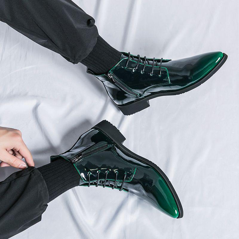 Men's Green Glossy High-Top Martin Boots - British Style Pointed Toe Chelsea Boots, Autumn Korean Trend.