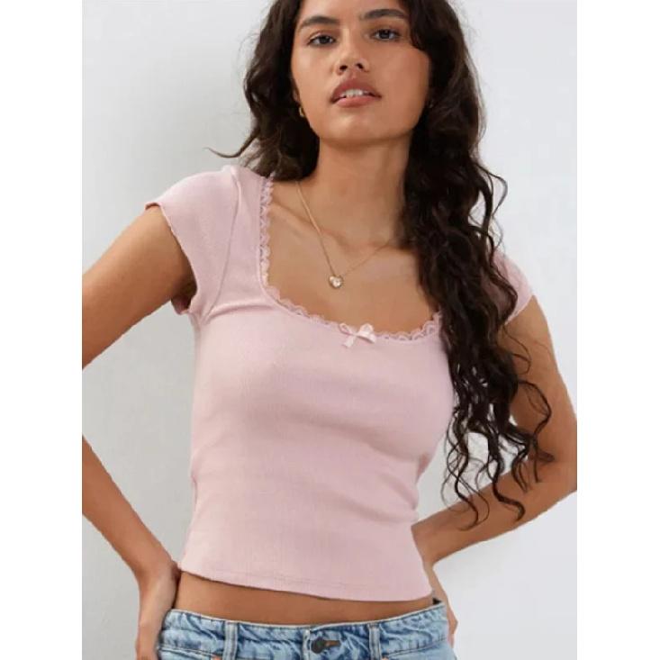 Y2k Vintage Baby Tee Cottage Lace Trim Knitted T-Shirt Letnia koszulka z kwadratowym dekoltem i krótkim rękawem, damska, biała, skrócona koszulka Milkmaid