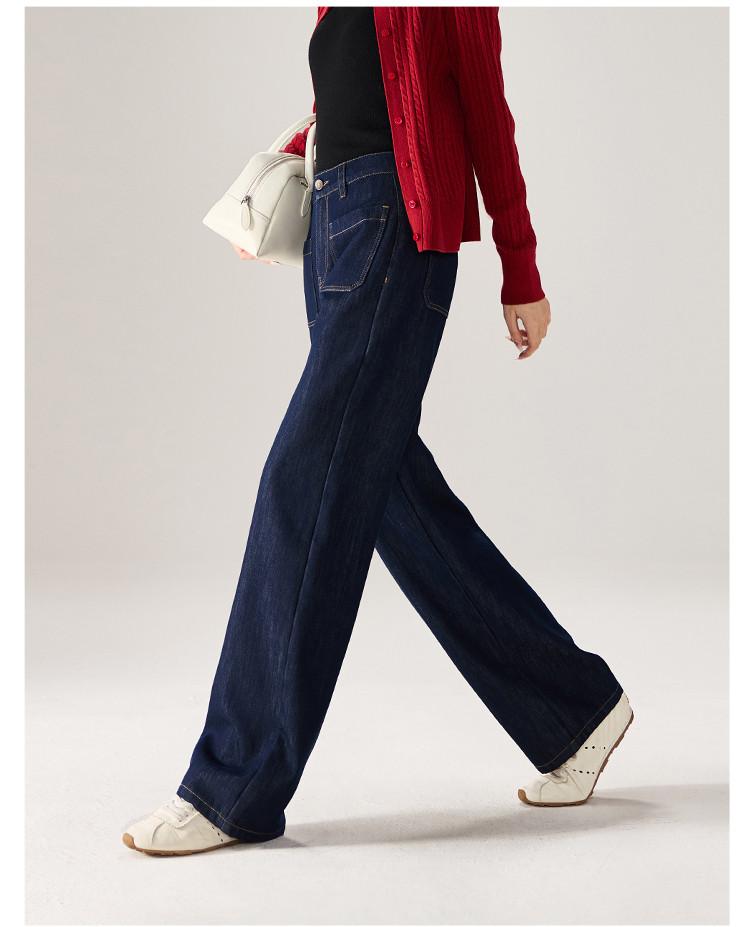 Design Sense: Front Pocket Plush Thickened Wide Leg Jeans for Women - Winter 2025 Fashionable High-Waisted Floor Pants