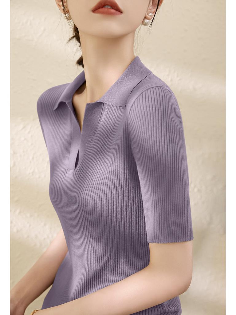 Women Summer Tencel Ribbed Slim Knit Top Thin Puff‑V Polo Collar Short Sleeve Ice Silk Blouse