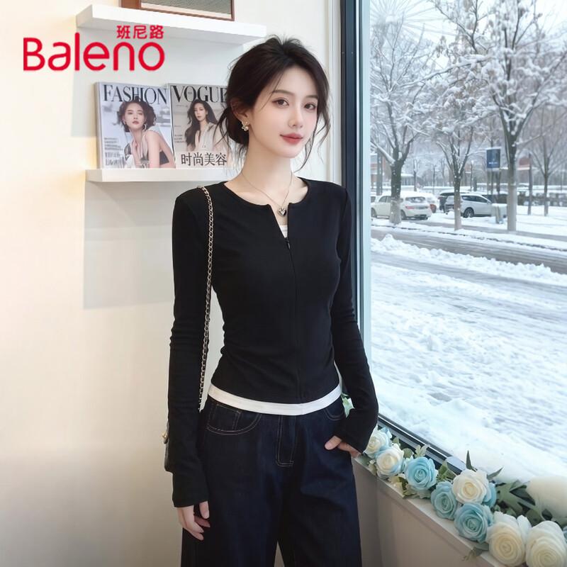 Baleno Women's Faux-Layered Half-Zip Slim Fit Long Sleeve Tee