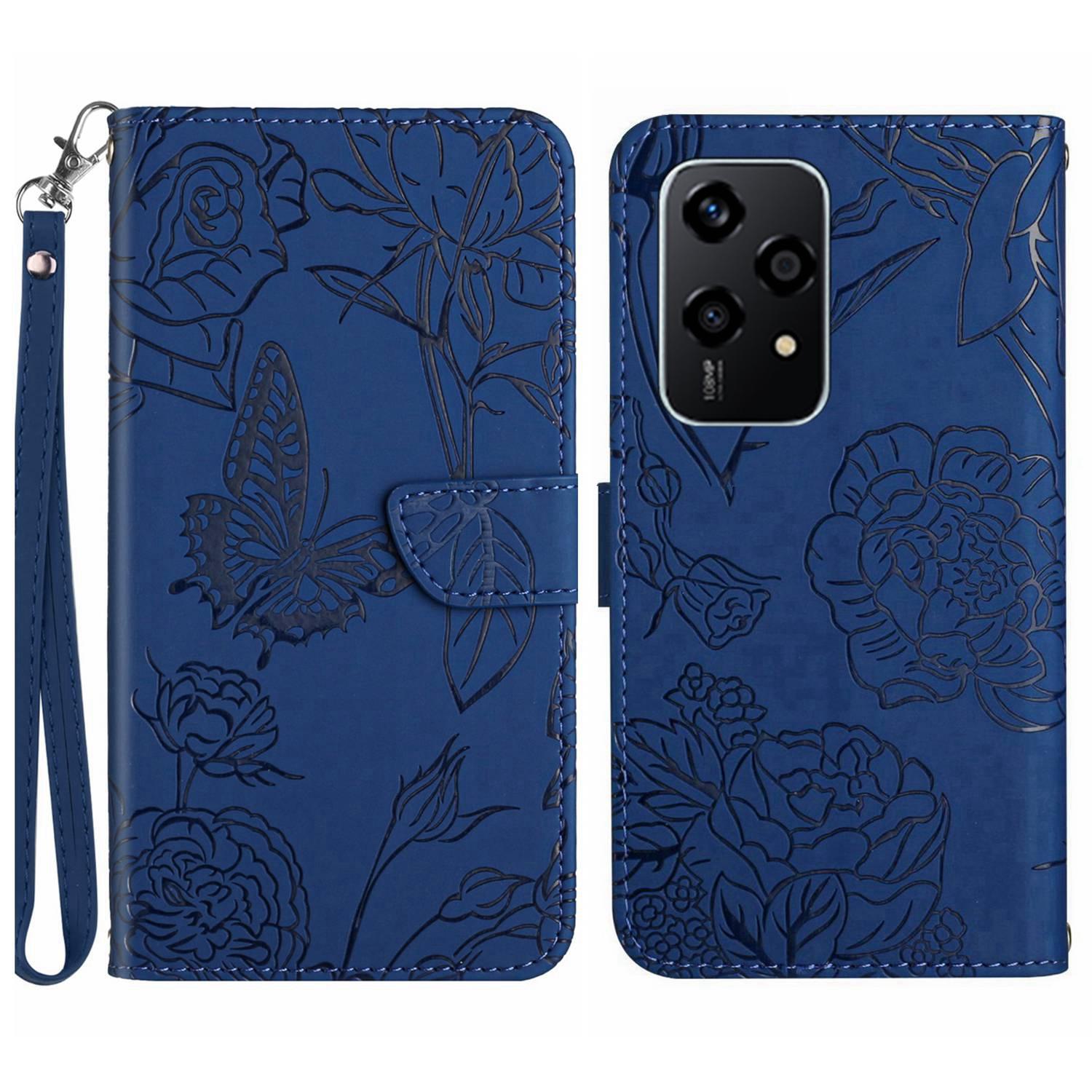 

HT03 For Honor 200 Lite Leather Case Imprinted Full Protection Phone Wallet Cover with Strap Blue
