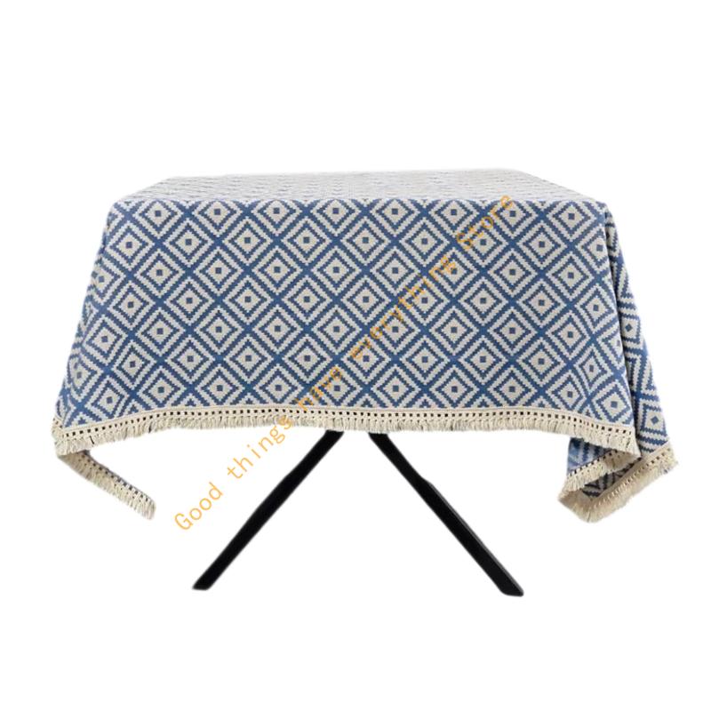 

55KF Blue Fringed Table Cover Resistant Polyester Linen Texture Tablecloth Decors For Kitchen Dining Room Decorations