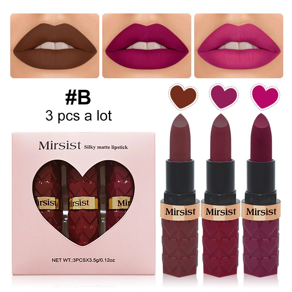 Mirsist 3-Piece Matte Lipstick Set: Waterproof, Fade-Resistant, Non-Stick Cup, and Mist Surface Finish.