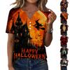 Women's Casual V Neck Button Front Halloween Print T Shirt Top with Three Quarter Sleeves Lightweight Comfortable Fit