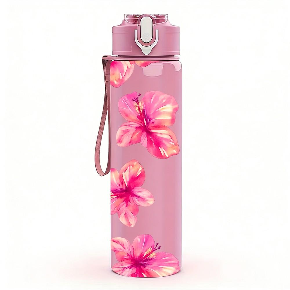 1PC Pink Hibiscus Floral Bloom Print 750ml Color Plastic Sports Water Bottle Leakproof Flip Straw Lid Suitable for Sports Office Home Use