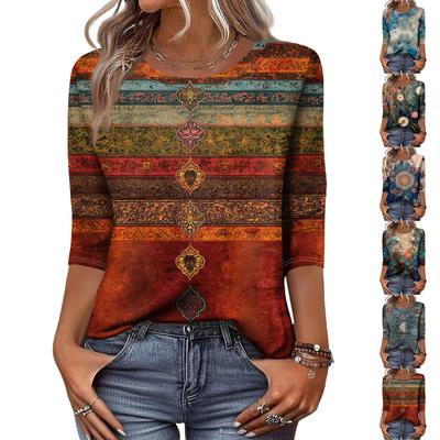 Trendový vintage top s 3/4 rukávom pre ženy, dámska ležérna blúzka s trojštvrťovým rukávom a okrúhlym golierom, potlačou