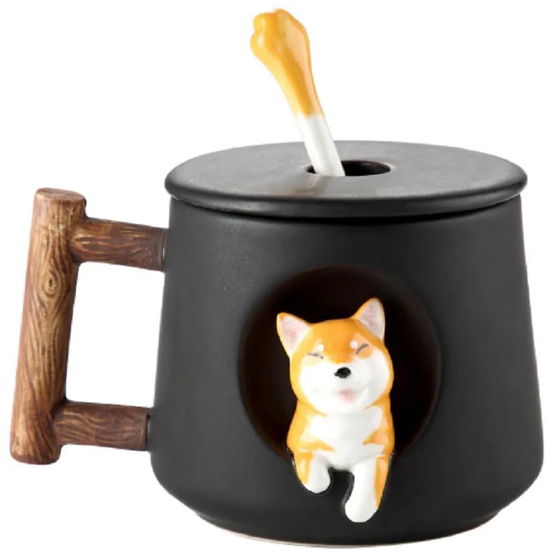 Quality Cartoon Ceramic Mug Cute 3D Shiba Inu Dog Spoon Milk Tea Creative Coffee Cup Men and Women Coffee Cup Gift