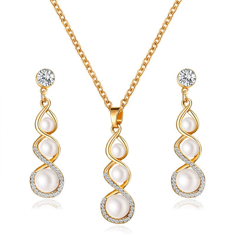 Diamond and Pearl Geometric Flower Jewelry Set - Necklace and Earrings for Women
