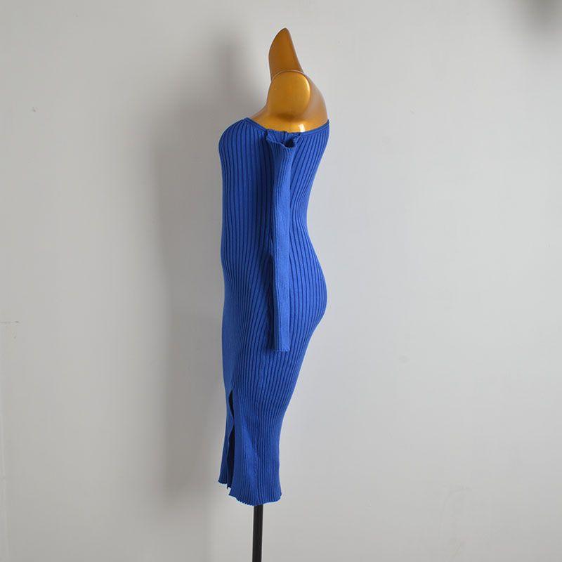 Western Style Gyaru Sexy One-Shoulder off-Shoulder Long Sleeve Knitted Dress Women Spring and Autumn Slim Fit Slimming Split Hip Skirt