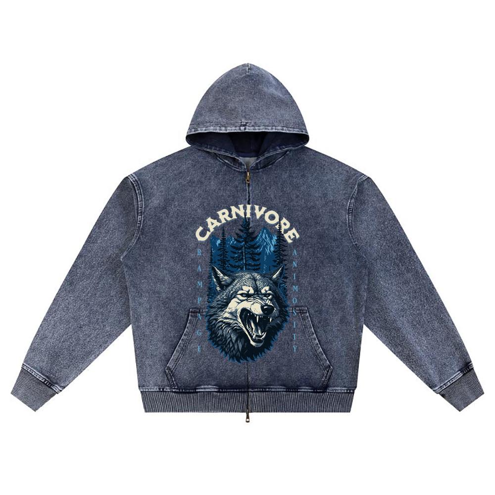 DTG print Knitted Denim Zip-Up Hoodie Carnivore Brother Print Zipper Hoodies
