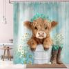 Funny Highland Cow Shower Curtain, Teal Western Cute Rustic Country Farmhouse Daisy Floral Turquoise Bathroom Curtain Decor,Kids