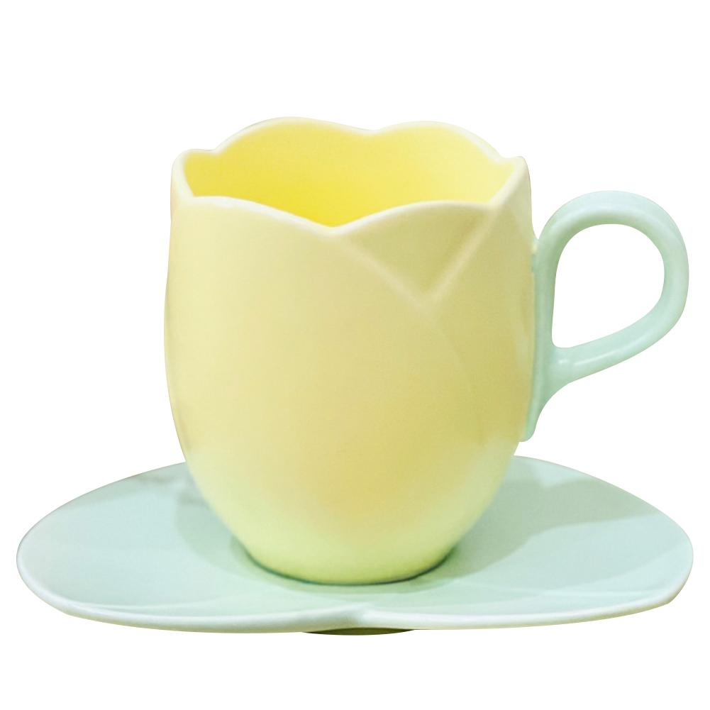 Lovely Drink Cup with Saucer Ceramic Tulip Shaped Teacup Creative Vintage Tulip Tea Mug for Home Afternoon Tea