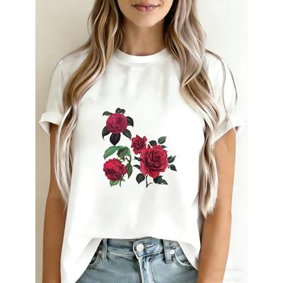 T-shirt Casual da Donna Bianca con Stampa Floreale Rosa Top Estivo per l'Uso Quotidiano