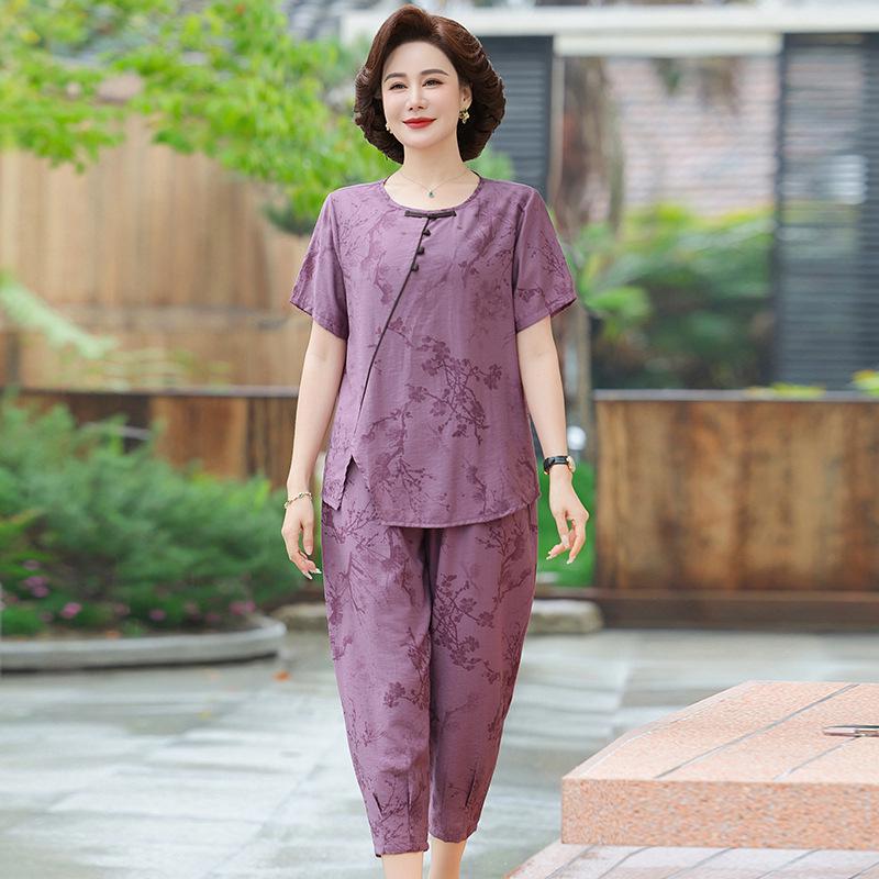 Petite Mom s Ice Silk Printed Summer Set for Middle-Aged Women XL (80-105 jin)
