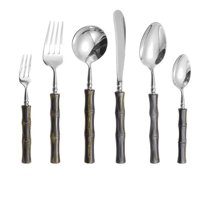 304 Stainless Steel Gold Cutlery Set with Violet Acrylic Bamboo Joint Handles: Includes Knife, Fork, and Spoon for Hotel Light Luxury Use.
