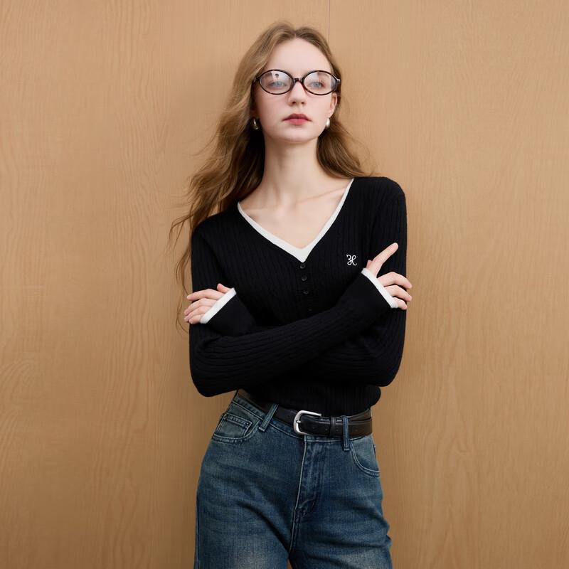 Sancai 2025 Winter V-Neck Embroidered Faux Two-Piece Knit Pullover