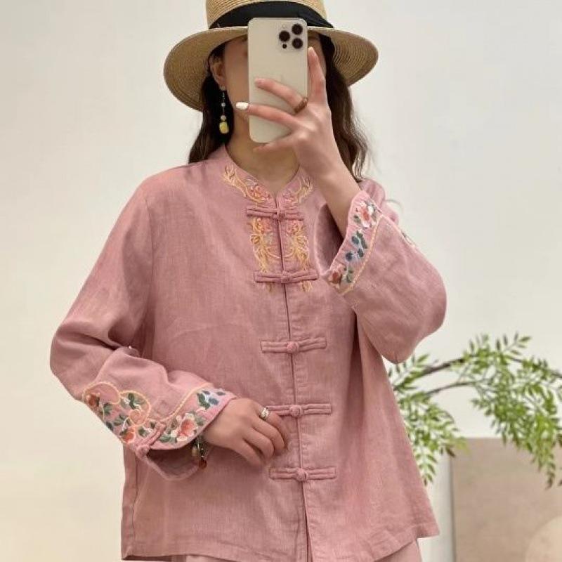 Lente Herfst Retro Etnische Stijl Borduurwerk Enkele Rij Schijfgesp Effen Kleur Kleine Blouse Top