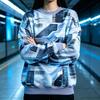 Women Crew Neck Fleece Sweatshirt Cyberpunk Geometric Grid Line Print Long Sleeve Loose No Hood Warm Pullover