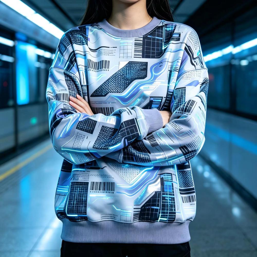Women Crew Neck Fleece Sweatshirt Cyberpunk Geometric Grid Line Print Long Sleeve Loose No Hood Warm Pullover