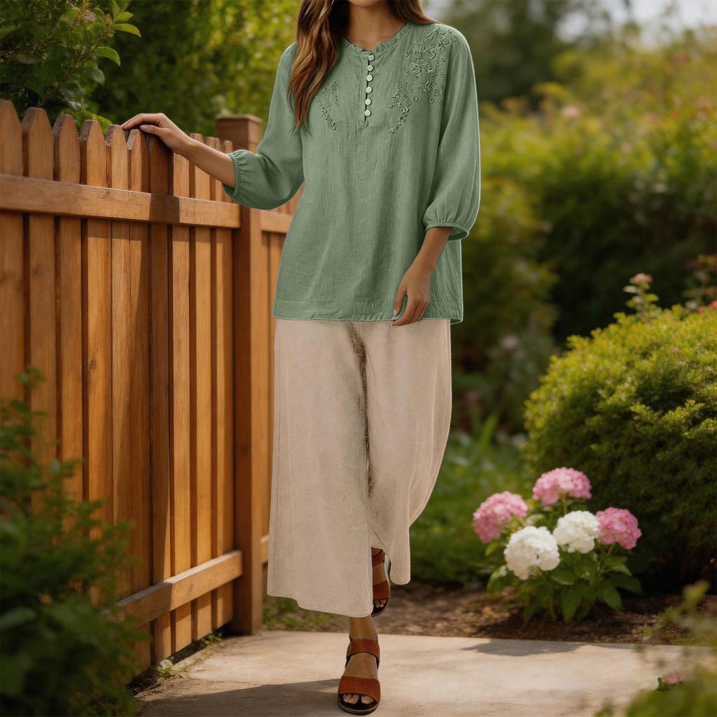 Women Embroidered Lace Loose Fit Three Quarter Sleeve Top and Wide Leg Pants Two Piece Set Casual Outfit Suit