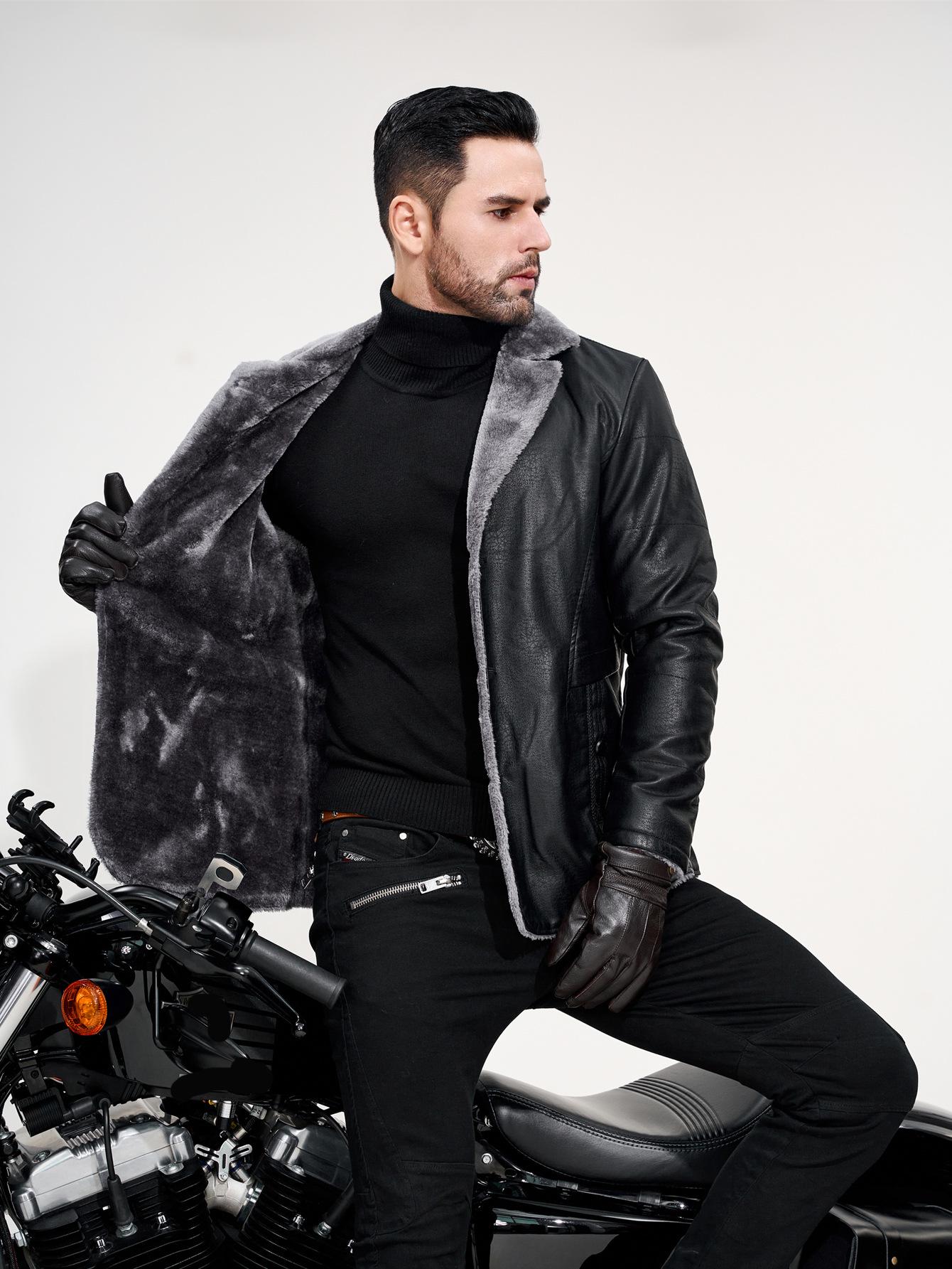 Men s European Mid-Length PU Leather Jacket, Large, Fleece-Lined for Autumn/Winter XL