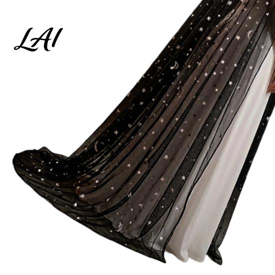 Elegant Stage Performance Cape Full Length Hooded Cloak for Women Star Moon Sheer Gothic Cosplay Robe Tulle Witch Halloween Costume Renaissance