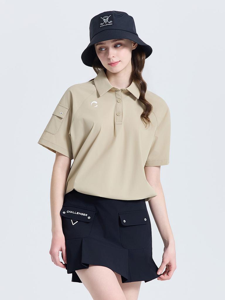 Challenger Women'S Basic Sleeve Pocket Collared Short Sleeve Woven Top Beige