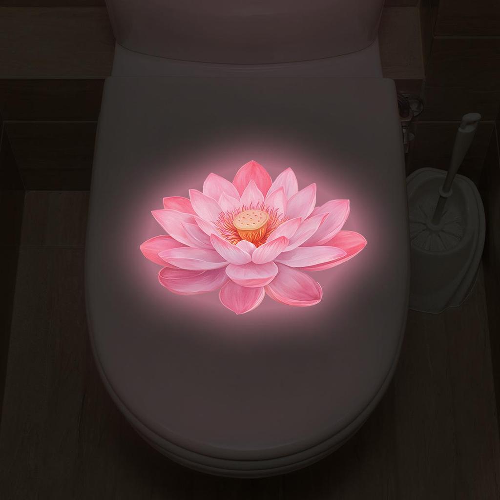 Pink Luminous Lotus Toilet Stickers, Chinese Zen-style Bathroom Decoration Stickers