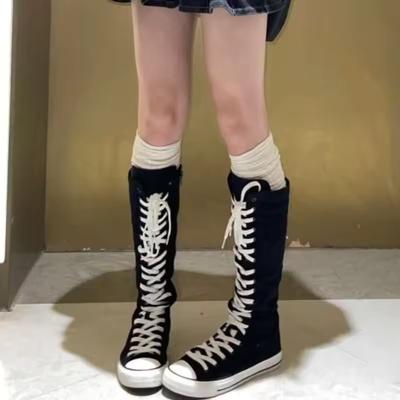High Top Canvas Schuhe für Damen Koreanische Edition Langer Stiefel Schnürung Reißverschluss Bequemer Stiefel