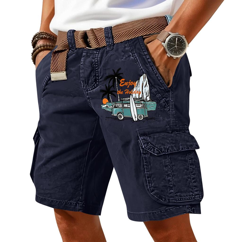 Men's Summer Printed Casual Multi Pocket Cargo Shorts Without Belt Loose Fit Cotton Fabric Classic Style