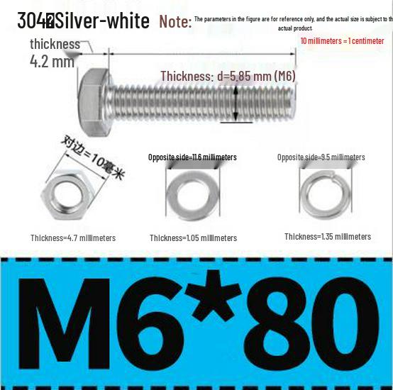 304 Stainless Steel Hex Head Bolt and Nut Set M6-M14, Lengths 8-100mm