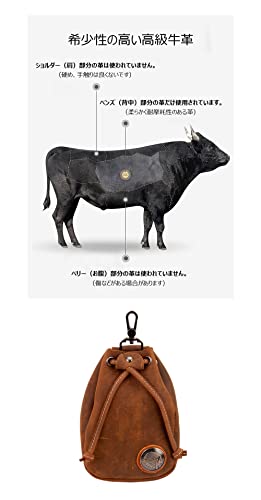 Whatna Natural Thick Cowhide Leather Coin Purse for Men and Women, 2-Way Drawstring Bag, Mini Sacoche Bag, Carabiner Pouch, Belt Loop, Mini Waist Bag,