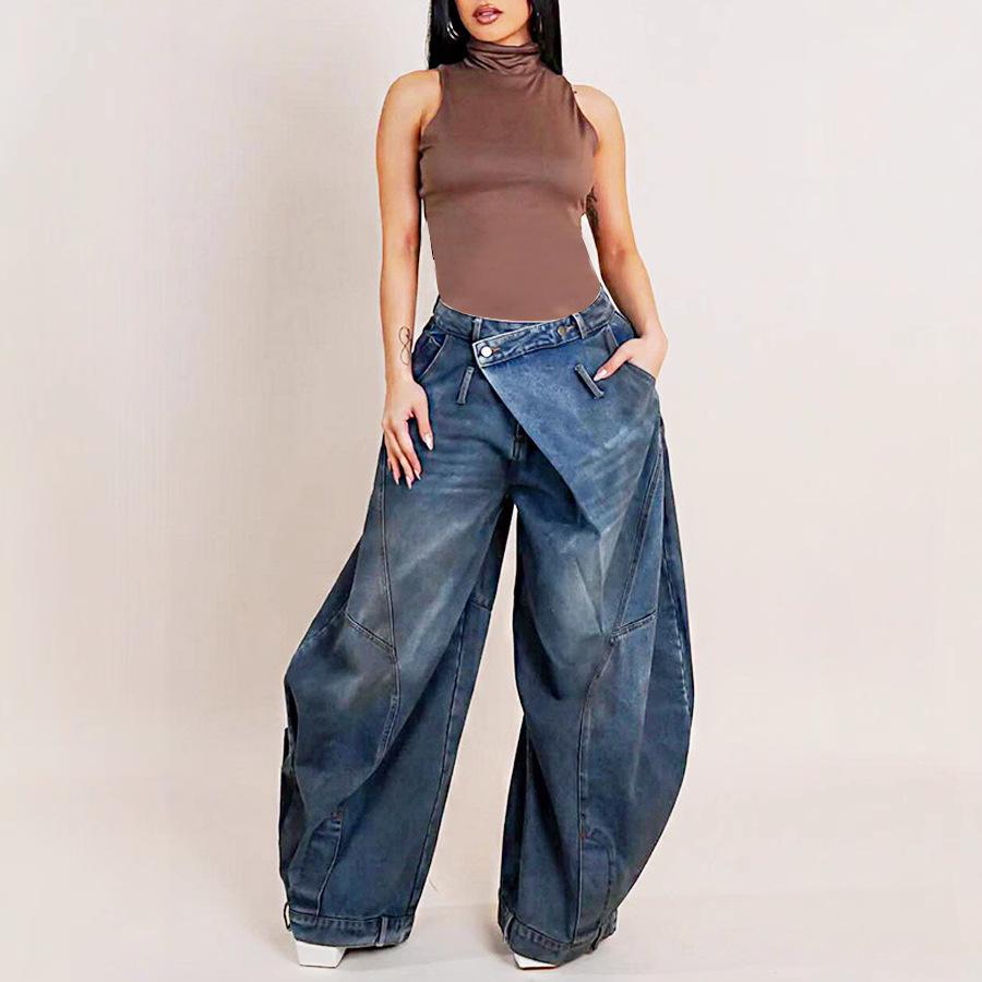Wide Leg Pants Women Vintage Denim Jeans Punk Style Loose Trousers Stretch Mid Waist Washed Distressed