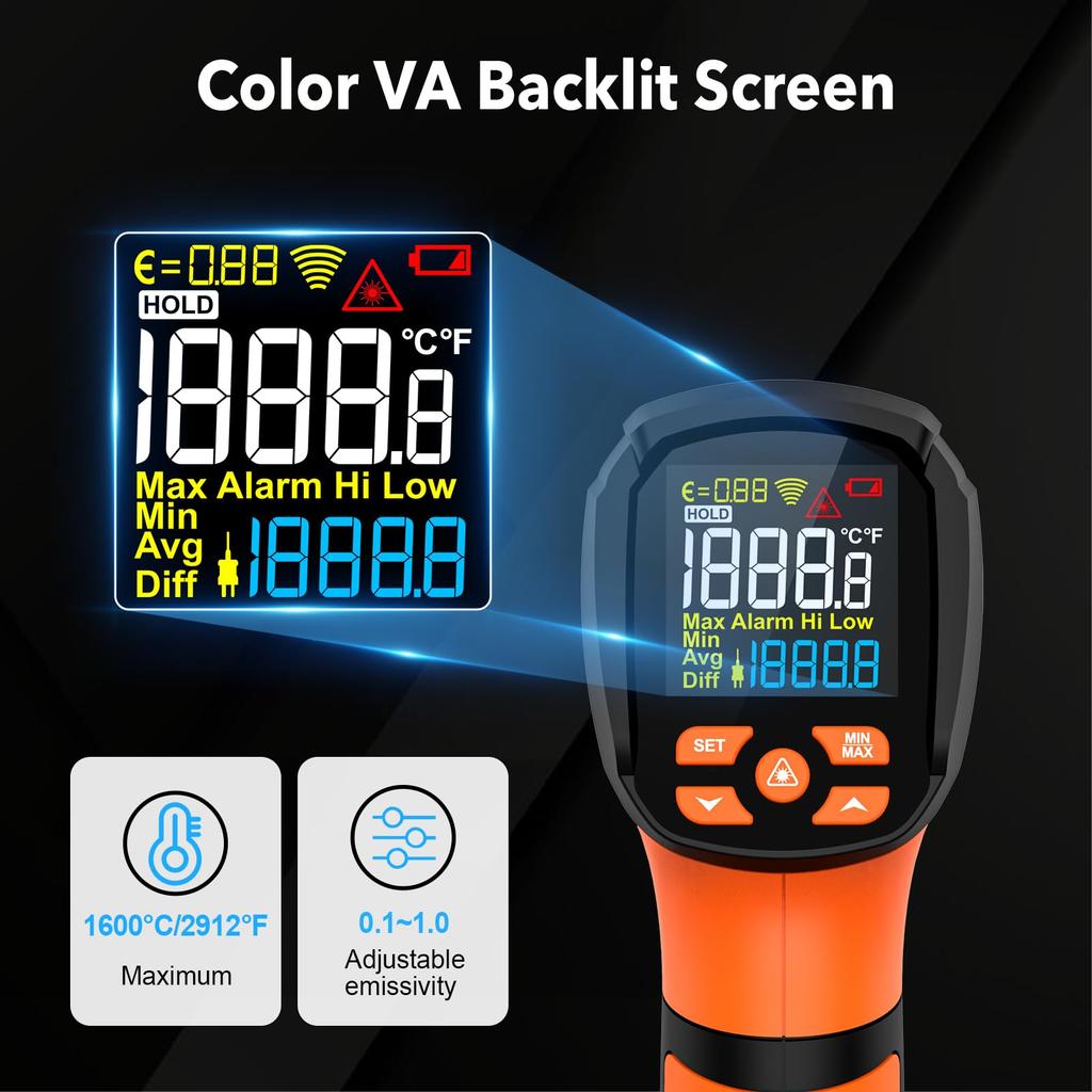 LCD Industrial Thermometer Infrared Thermometer -50~1600C Laser Temperature Meter Digital Outdoor Laser Pyrometer IR Thermometer