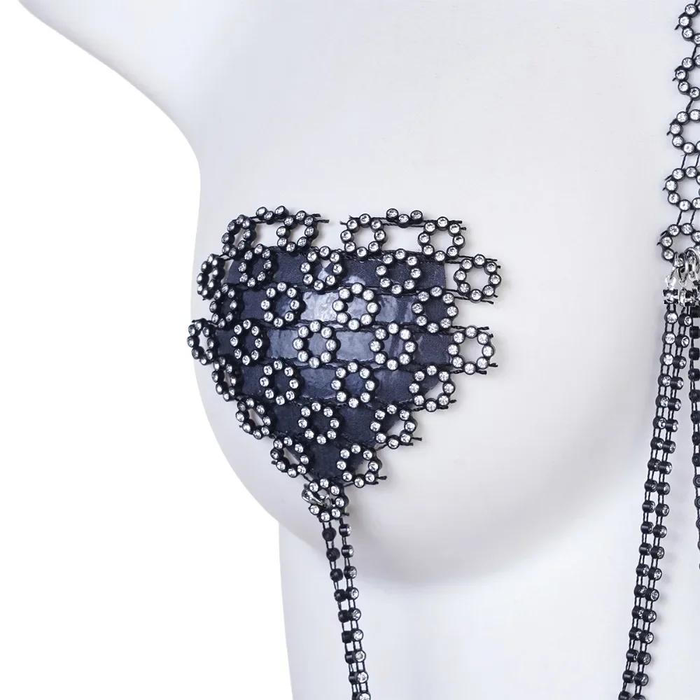 Sexy Rhinestone Decorative Nipple Pasties Choker Collar Body Chain Silicone Self-Adhesive Reusable Women's Nipple Cover Stickers
