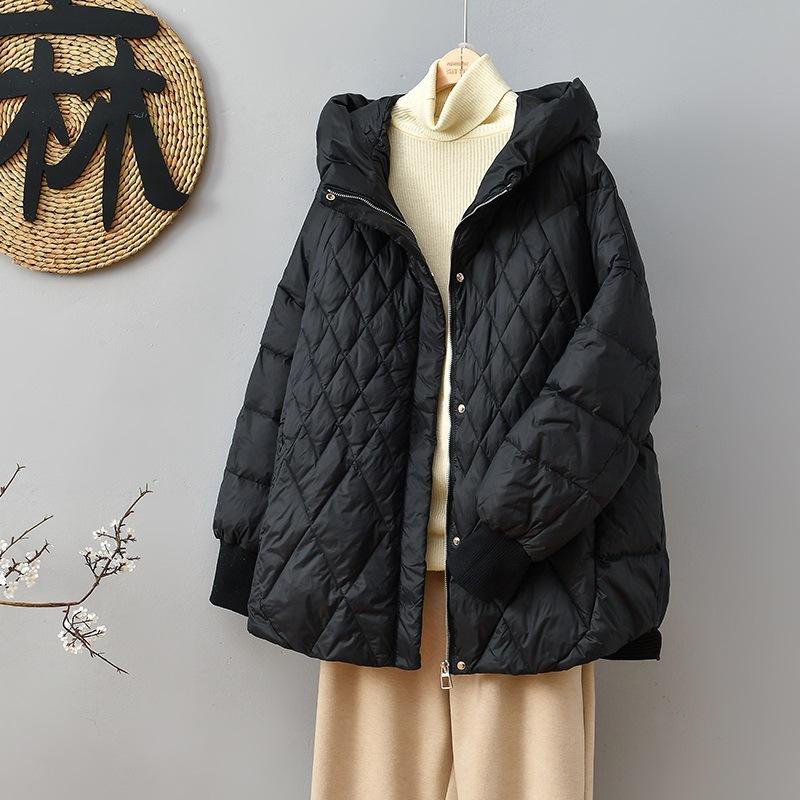 Winter simple style versatile solid color small rhombus down jacket women's fashion casual hooded warm white duck down jacket