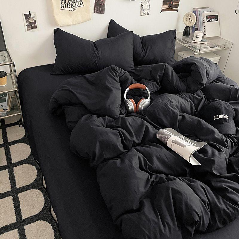 

and Autumn Pure Color Double Stitching Bed Student Dormitory Bed Sheet Duvet Cover Four-Piece Set Washing Craft Sanding Three Or Four Piece Suit Pillowcase 2 (48*74) Monochrome long night Black