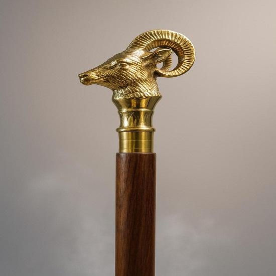 Handmade Wooden Walking Stick Brass Mountain Goat Head  Style