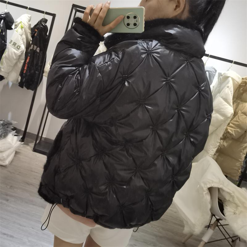 Women Autumn Winter White Duck Down Jacket Coat Padded Short Stand Fur Collar Single-breasted Pocket Loose Warm Solid Color