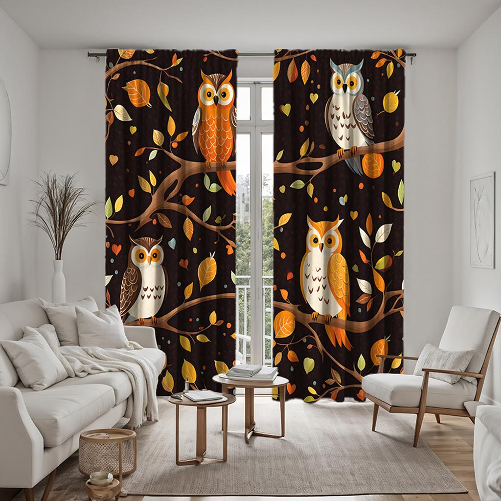 2 Pieces of HD Owl Decorative Curtain On the Tree At Night Black Tie Digital Printed Curtain Home Decoration Style Decoration Li