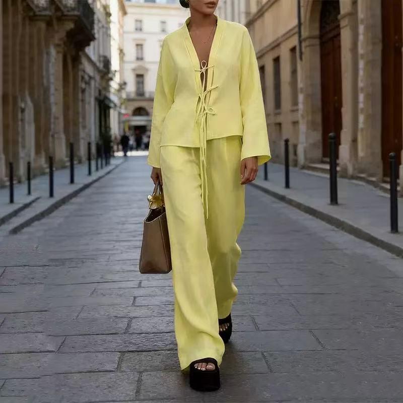 

2026 Spring/Autumn Women s Lace-up Cardigan and Casual Pant Set XL жовтий