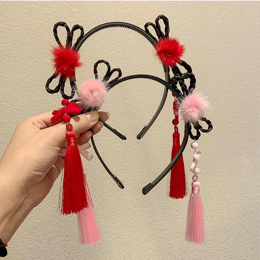 Tassel Children Wig Headband Braid Hair Red Bow Hairband Lovely Hanfu Hair Sticks  Baby