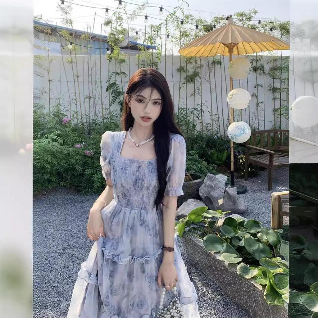 Summer 2024 Retro Floral Square-Neck Long Dress - Mori Style, Waist-Slimming Flounce Fit