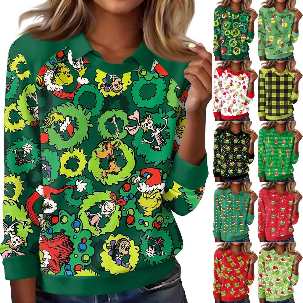 Women's Fashion Christmas Print Lapel Long Sleeve Casual Crewneck T-Shirt Top