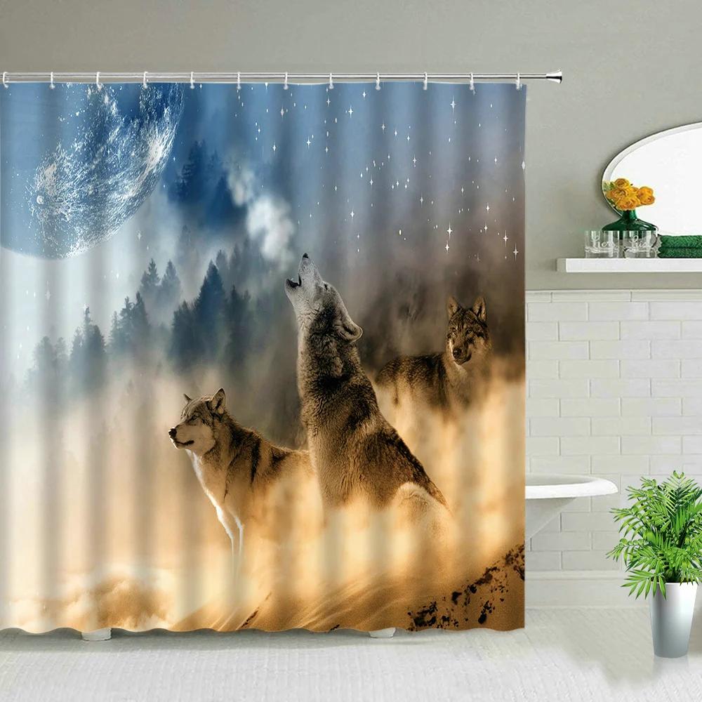 Wolf Couple Print Shower Curtain Animal Beast Bathroom Decor Waterproof Polyester Fabric Bathtub Partition Cloth Curtains