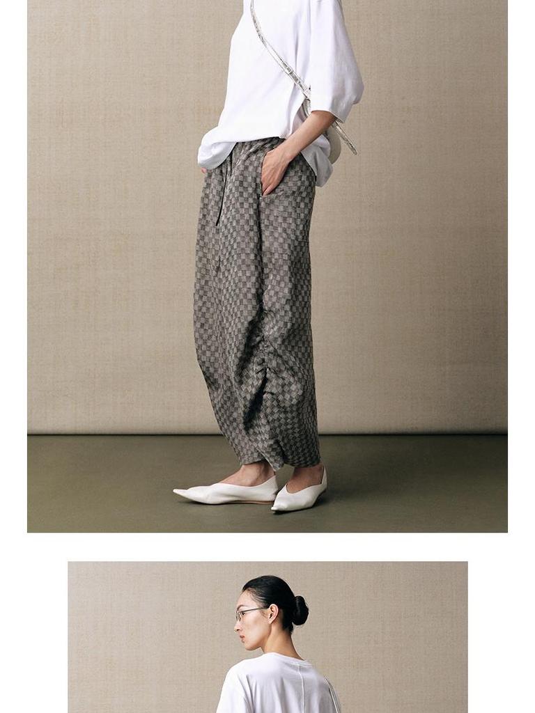 Retro Linen Plaid Pleated Casual Pants