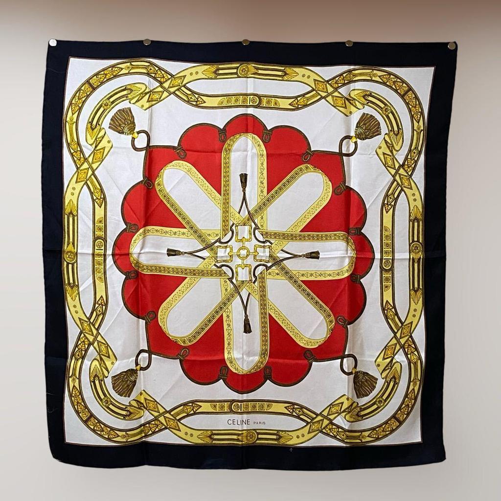 Used CELINE Large Silk Scarf, Decorative Pattern, Equestrian Hardware, Accessory, Jewelry, Tassel, Belt, Gold, VINTAGE