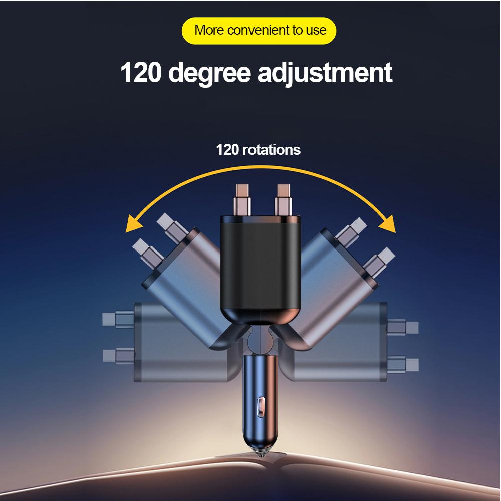 6-in-1 Car Charger with Retractable Type C ios Cable Cigarette Lighter Power Adapter PD USB Phone Charger with Voltage Display